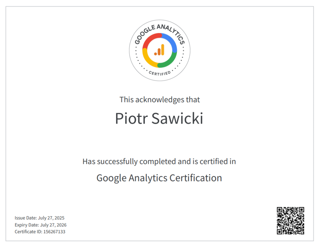 Google Analytics Certification - Peter Sawicki