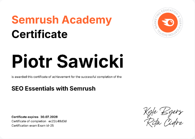 Piotr Sawicki SEMRush Certificate