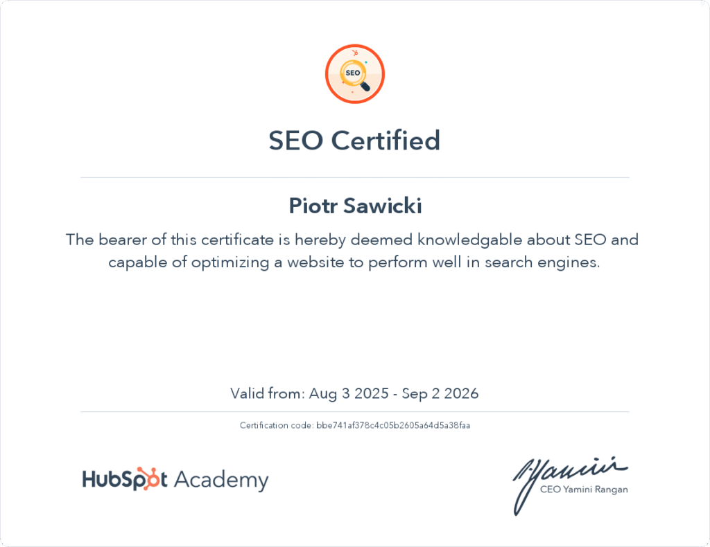 Peter Sawicki HubSpot Acadamy SEO Certification