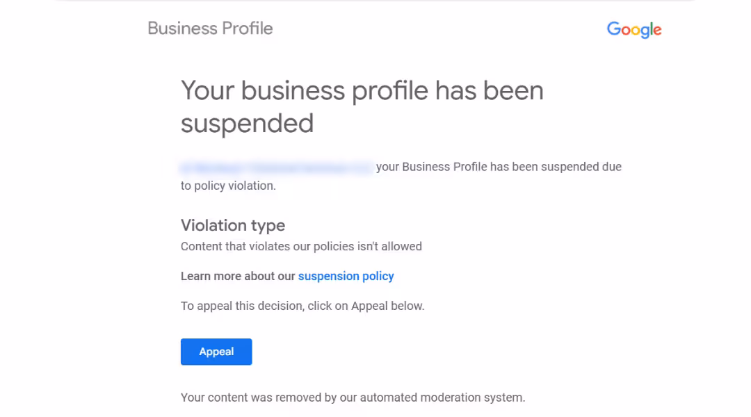 Suspension of a Google Business Profile listing